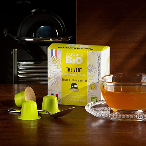 CAPSUL&BIO Maté Thé Vert Citron Bio - Compatible avec les machines à Capsules Nespresso -10 Capsules Biodégradables, 100% Végétales - Rapide et Sain - Fabriqué en France.