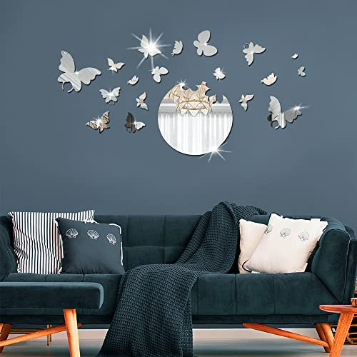 Shackcom 18pcs 3D Miroir Stickers Muraux Miroirs Décoratif Acrylique Adhésif Autocollant Mural Amovible DIY Décoration pour Maison Chambre Salon Décor- Papillon Argent