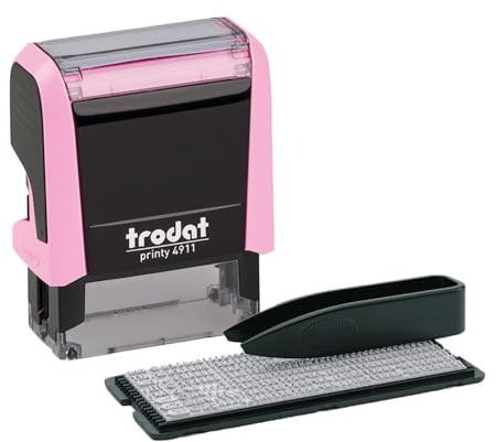 Trodat Printy 4911 - Set di timbri in rosa pastello, 3 righe di testo, impronta 38 x 14 mm, tedesco, con pinzette, tampone nero e set di lettere e numeri in taglia unica