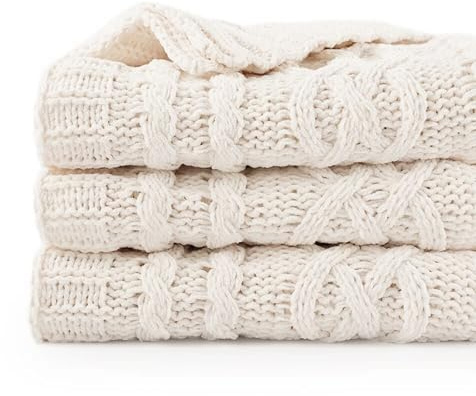 Battilo Cream White Ivory Throw Blanket for Couch, 51x 67 Inch, Woven Chenille Knit Throw Blanket for Chair, Super Soft Warm Decorative Textured Throw Blanket for Bed, Sofa and Living Room.
