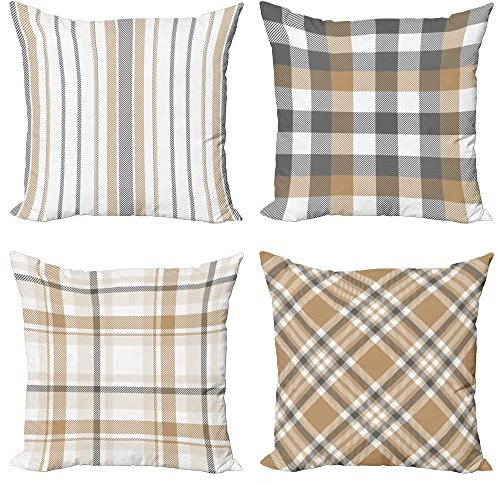 ABAKUHAUS Geometrisch Dekokissen Kissenbezug 4er Pack, Kariertes Plaid Tartan Modern Accent Doppelseitiger Digitaldruck, 50 cm x 50 cm, Weiß Grau und Hellbraun