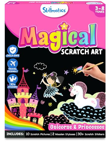 Skillmatics Scratch Art Book for Kids - Unicorns & Princesses, Craft Kits & Supplies, 30+ Scratch Stickers, Travel Toys, DIY Kit, Gifts for Girls & Boys Ages 3, 4, 5, 6, 7, 8