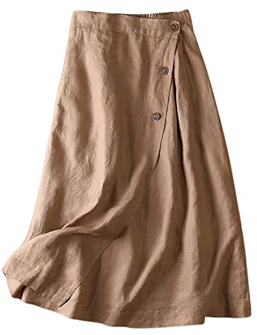loveimgs Women's Summer Linen Button Front Elastic High Waist Swing A Line Midi Skirt (Medium, Khaki)