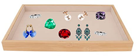 Cyrank Vassoio per Gioielli in Velluto,Vassoio per Gioielli Piatto in Legno Organizzatore Vassoio Porta Gioielli Donna per Cassetti per Gioielli per Espositore per Anelli per Collana(Beige)