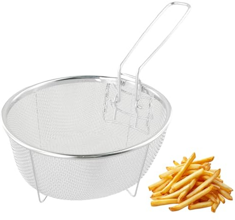Panier de Friteuse Rond en Acier Inoxydable Avec Poignée Amovible - Passoire, Outil de Cuisine, Maille Métallique - 20 x 20 cm