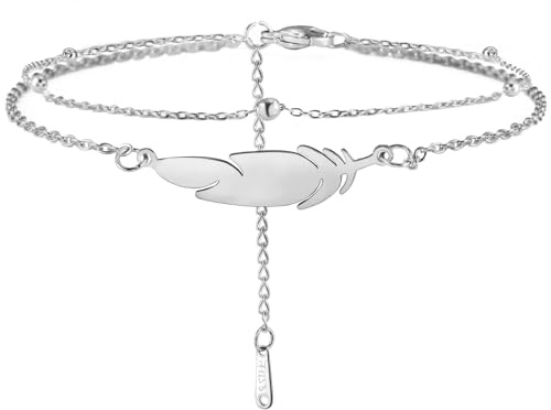 Dreamtimes Cavigliera in Acciaio Inox Piuma Argento - Catena Piede Doppia Stile Spiaggia Trendy Boho - Gioielli Accessori Femminili
