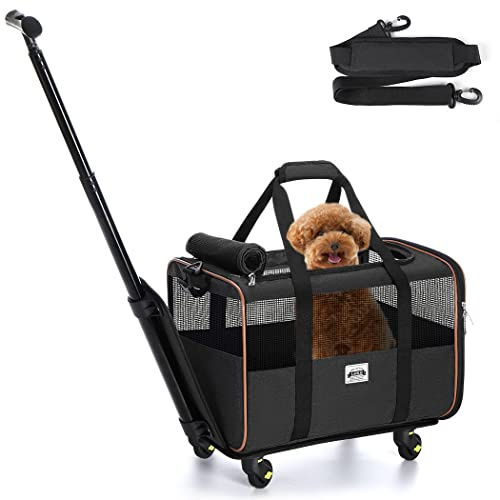 Lekespring Cage de transport pour chien avec roulettes, chariot pour chat, sac de transport pour chien, petit pour voiture, avec poignée télescopique et bandoulière, noir