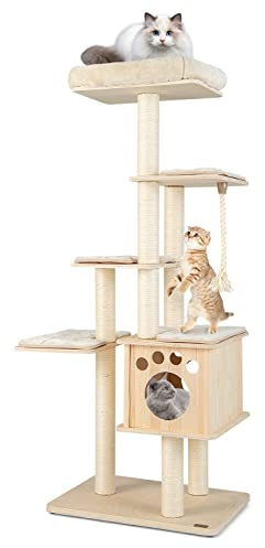 GOPLUS Arbre à Chat XXL 170cm, Arbre a Chat en Bois avec Poteaux en Sisal, Perchoir Moelleux, Condo, Plateformes de Saut, Corde d'amusement pour Plusieurs Chats