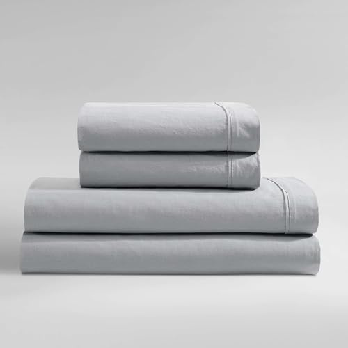 Calvin Klein - Lenzuola Queen, Set di biancheria da letto in percalle di cotone lavato, arredamento moderno per la casa (blu acciaio, Queen)