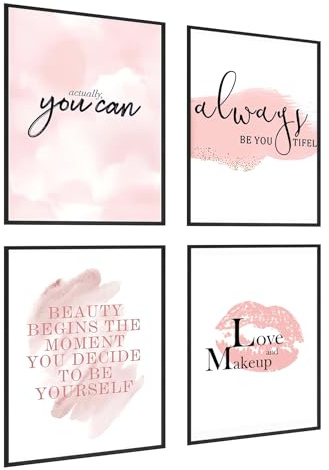 KLPOARTQ Set of 4 Frame Glamorous Pink Makeup Fashion Art Canvas Painting Posters Wall Decor Motivational for Girls' Room Pictures Prints Home Decoration