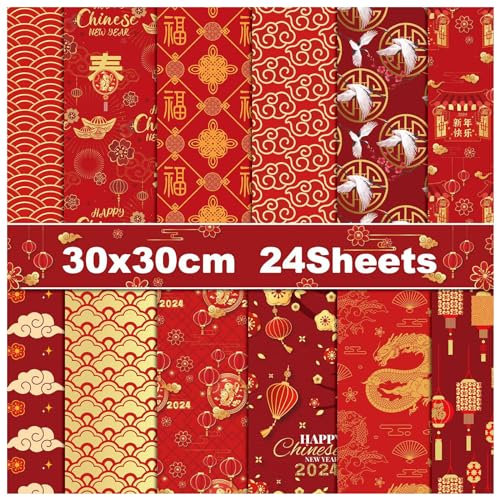 ZAKHSE Motivpapier 30×30cm, 24 Blätter Chinesisches Frühlingsfest Designpapier Doppelseitig Bedruckt Scrapbooking Paket, Rot, Gold, Neues Jahr Bastelpapier Dekorpapier DIY Kartenherstellung Zubehör