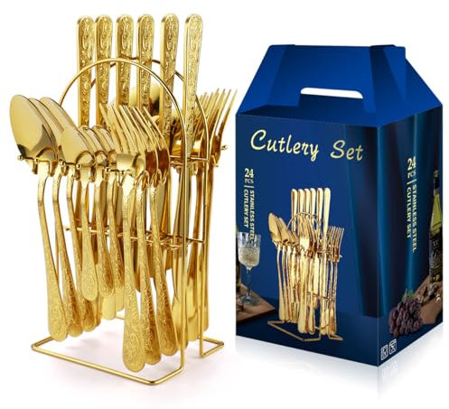 Stainless Steel Cutlery Set - 24 Pcs Hammer Pattern Ceramic Handle Knife Fork Spoon Set, Ideal for Travel or Daily Use (B-Golden(a))
