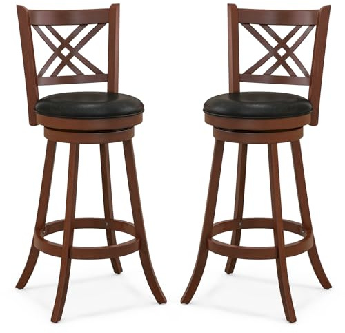 TANGZON Swivel Bar Stools Set of 2, Rubber Wood Bar Chairs with Curved Back, PU Leather Exterior & Footrest, Upholstered Counter Height Breakfast Chairs for Home Dining Living Room (47 x 44 x 110cm)