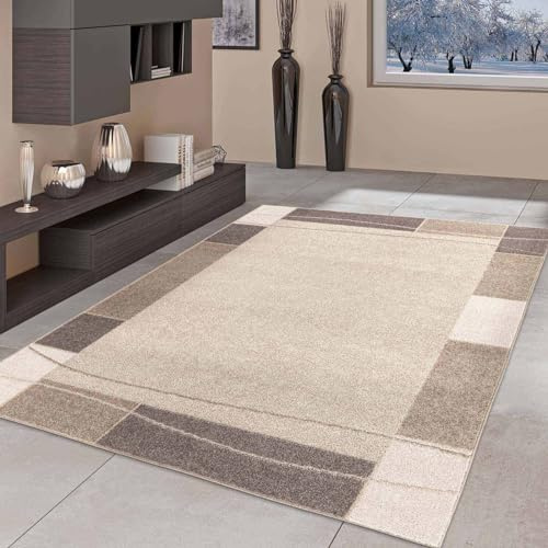 Taracarpet Moderner Kurzflor Designer-Teppich für Wohnzimmer Schlafzimmer und Kinderzimmer Bordüre Braun 080x150 cm
