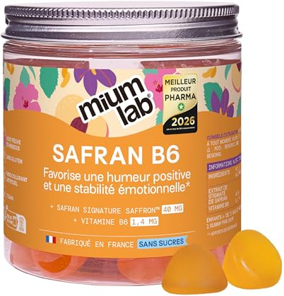 Mium Lab - Gummies Safran Hautement dosé (40mg) et Vitamineamine B6 sans sucres - Enfants et Adultes - Formule exclusive - Programme 3 à 6 semaines - Saveur Pêche - Fabriqué en France