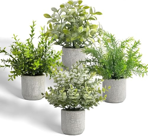 YVONNEYI 4 Stück Kunstpflanze Eukalyptus im Beton-Topf, Deko für Wohnzimmer