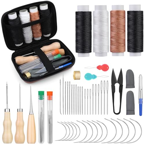 Yizzvb Kit de hilos de tapicería, kit de costura resistente con hilo de nailon, aguja de tapicería, punzón de costura, hilo resistente para alfombras, lienzo, sofá, viajes y cuero