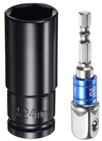 sourcing map 1/2 Drive 24mm 6-Point Deep Sockets 3 Length with 1/2 to 1/4 Hex Shank Adapters Electroplated, CR-V Steel Socket Adapter Accessory Set Kit for Hex Bolts Nuts