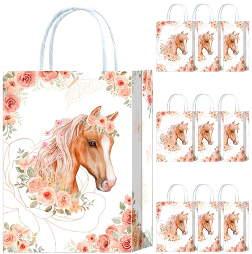 10 Stück Pferde Party Taschen, Pferd Geschenktüten, Papiertüten mit Henkel | Pferde Geburtstag Geschenktaschen, 21x15x8 cm, Mitgebseltüten zum Pferde-Mottoparty, Giveaways, Kindergeburtstag, Geschenken