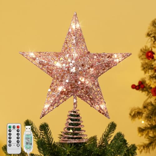 Lewondr Christbaumspitze, Pailletten Weihnachtsbaumspitze mit 20 LED-Lampen, USB Betrieben Weihnachten Baumspitze mit 6H Timer, Weihnachtsbaum Dekoration für Die Weihnachtsdekoration, Rosa