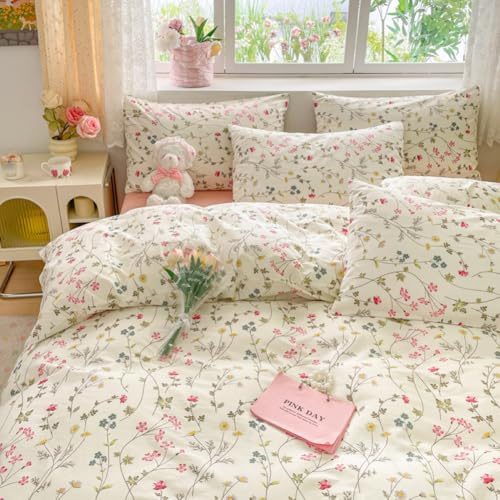 Covebett Set di Biancheria da Letto in Cotone King Size, Bianco Rosa, con Motivo Floreale Colorato, 3 Pezzi, Estetico, Copripiumino Botanico 220x230 cm con Cerniera e 2 Federe 50x75