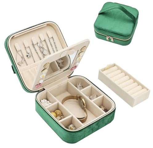 Boxudeli Schmuckkästchen Reise, Schmuckkasten aus Samt mit Spiegel, kleine Schmuckaufbewahrungsboxen für Frauen, Schmuckschatulle für Ringe, Ohrringe, Halsketten und Armbänder (dunkelgrün)