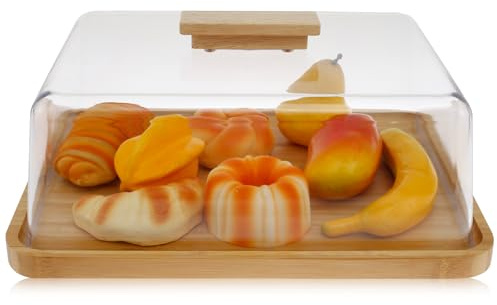 Sutowe Bamboo Cake Stand with Dome Lid 36.5x27x15cm Cupcake Plate Rectangular Food Display Server Tray Cheese Board for Birthday Wedding Party Bread Desserts
