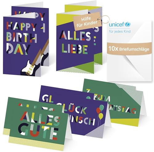 Unicef Geburtstagskarten Typografie | 10 Klappkarten mit Umschlägen | Helfen Sie Kindern in Not: FSC-Papier, 10 Karten mit Umschlägen (17,5 x 11,7 cm) – Glückwunschkarte