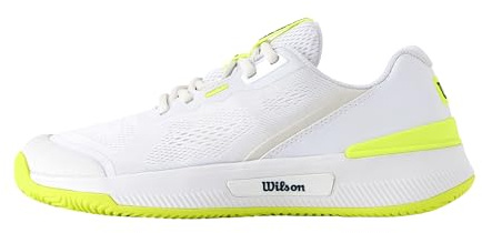 Wilson Intrigue Pro Oz Damen-Tennisschuhe, Stabilität und Fußgewölbe-Unterstützung, Sichere Halt für die Ferse, Atmungsaktiv, Weiß/Safety Yellow/Navy Blazer, Größe 6