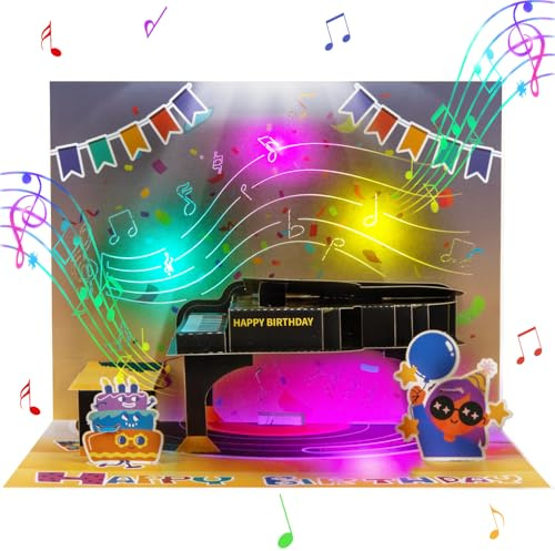 Musikaliskt piano födelsedagskort med LED-lampor – 3D-pop-up-grattis på födelsedagskort med musik och dynamiska ljuseffekter – för pianister, musiker, musiklärare och musikälskare – present till vuxna