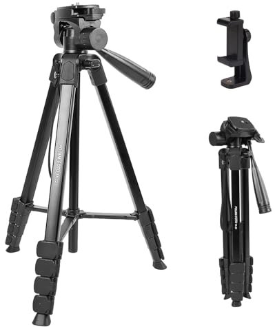 POLAM-FOTO Treppiede leggero da 172 cm, in alluminio, con testa panoramica a 3 vie e supporto per cellulare, adatto per smartphone e fotocamere DSLR, nero
