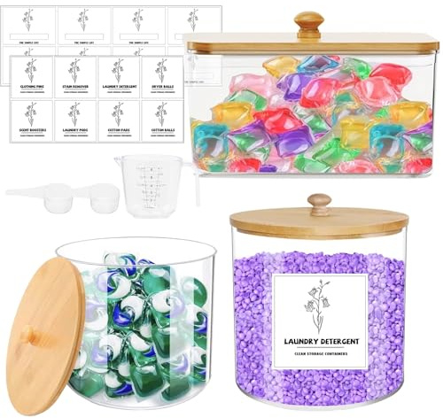 Vurlexat 3 Stück Waschmittel Aufbewahrung mit Bambusdeckel | Waschpulver Aufbewahrungsbox mit 16 Wasserdichtes Etikett,Grosse Kapazität Waschmittelbox für Waschpods, Badebomben