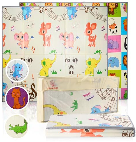 LITTLE BLISS,Alfombra Bebe 200x180 cm, 1 cm Grosor, Bordes Reforzados, XPE Acolchada, Reversible y Plegable, Diseño Infantil, Antideslizante, Impermeable, Tapete de Juegos para Niños (ANIMAL EDITION)