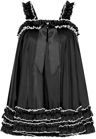 Satini Underkläder Siden Sissy Volang Utsmyckad Babydoll Klänning Negligé Feminint Crossdress Cosplay (Svart, XXL)