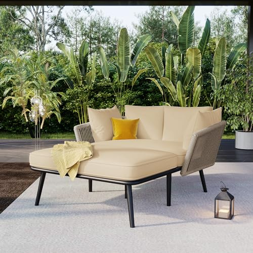 Merax Gartensofa,Sonnenliege für den Außenbereich, Balkonmöbel-Set mit 2 abnehmbaren und waschbaren Kissen - für Loungemöbel und Terrassenmöbel in Khaki