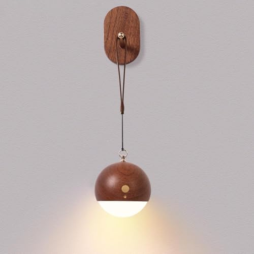 Akku Kugel Wandleuchte Kabellos Innen LED Wandlampe Holz Touch Control und Soundgesteuerte Hängelampe Aufladbare Batterie Wandbeleuchtung Runde Tragbare Campingleuchte Wohnzimmerlampe,Multi colored