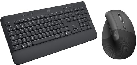 Logitech Signature K650 Wireless Keyboard with Wrist Rest, Full-Size, BLE Bluetooth or Logi Bolt USB, Comfort Deep-Cushioned Keys, Lift Vertical Ergonomic Mouse, Wireless, QWERTY UK
