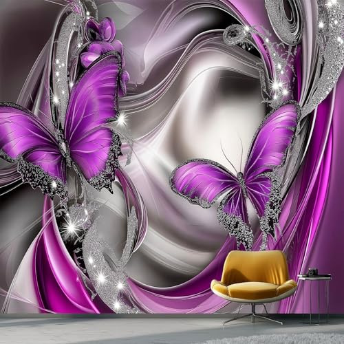 Photo Murale 250 x 175 cm, Motif Papillons Fantastiques Tourbillons, Décoration Intissée pour Couloir et Entrée, Argent Violet