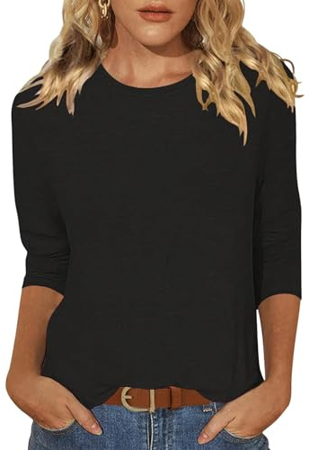 Enqoole Shirt Damen 3/4 Arm Basic Tshirt Schwarz Baumwolle Top Lang Locker Sommer T Shirts XL
