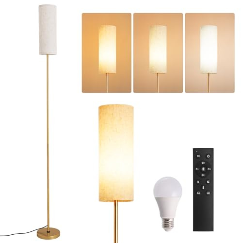Warmiehomy Floor Lamp for Living Room, Floor Standing Lamp with Linen Lampshade&Remote, 3 Color Temperature Modern Standing Lamps, Tall Lamp LED Floor Lamps for Bedrooms, Office, Office Reading, Gold
