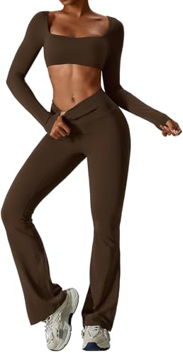 IDOPIP Sport-Set Damen Langarm für Fitness: Zweiteiler Gym Set mit Langarmshirt und Leggings Schlaghose - Sportkleidung für Yoga Pilates Workout