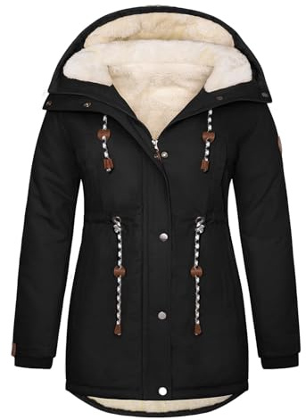 Tuopuda Womens Plus Size Parka Winter Coats Thick Fleece Lined Coat Thermal Cotton Parka Jackets Warm Hooded Zip Up Windproof Overcoat Outerwear(Black,XXL)