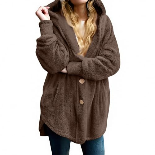 Cowyams Fleecejacke Damen Lang Plüschjacke Oversized Winterjacke Dicke Warme Kapuzenjacke Stilvoller Fleecemantel Weiche Fellmantel Einfachheit Outwear