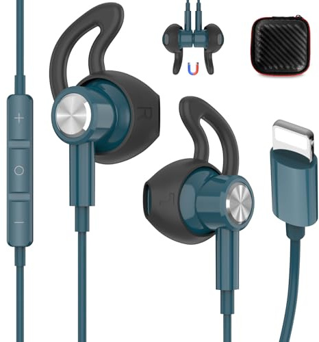 iMangoo Écouteurs magnétiques filaires certifiés MFi, anti-chute, avec microphone et contrôle du volume pour Apple iPhone 14 Plus, 13 Pro Max, 12 Mini, 11 XS, XR, bleu lac
