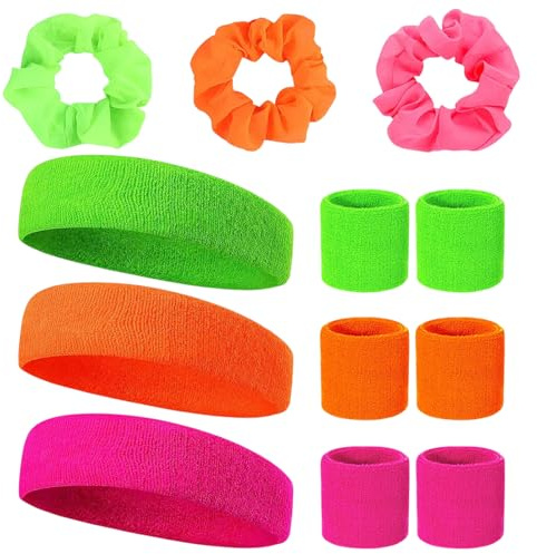 KEORHEZ Neon 80er Schweißband 9-Teiliges Set in 3 Farben Jahre Schweißband Stirn Handgelenk mit 3 Stück Schöne Fluoreszierende Farbe Neon Haargummis Retro Party Accessoires Für Damen und Herren