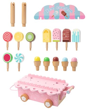 Carrito de helados de madera: juego ďe simulación đe 35 cm, mostrador d́e juguetes interactivo, juego creativo para niños | Fácil Supermercado Restaurante Cocina Picnic Tienda d̄e comestibles Cumpleañ