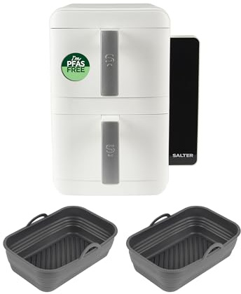 Salter VertiCook Air Fryer & Silicone Baskets, Vertical 9 L Digital Fryer with 2 x 4.5L Baskets & Racks & 9 Pre-Set Functions, Set of 2 Dishwasher Safe Cooking Liners, Reusable, Handles for Lifting