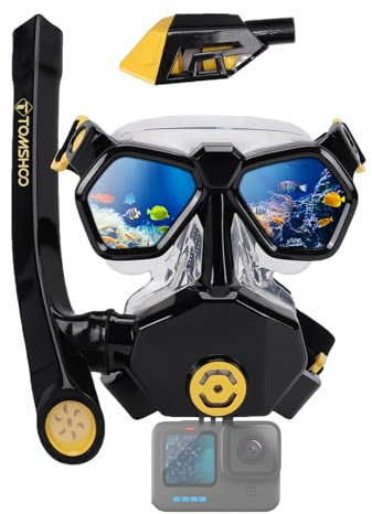 Tomshoo Set per snorkeling per adulti, maschera integrale con compensazione della pressione e supporto per fotocamera, maschera per immersioni panoramica a 180°, antiappannamento e anti-perdite in