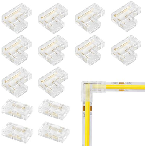 Nituaeu 14 Stück LED Streifen Verbinder, 2 Polig 8 mm LED Verbinder Lötfrei, 10 L Form + 4 Mittelverbinder Eckverbinder, Verbindungskabel Transparent für COB LED Streifen Stripes 5V 12V 24V