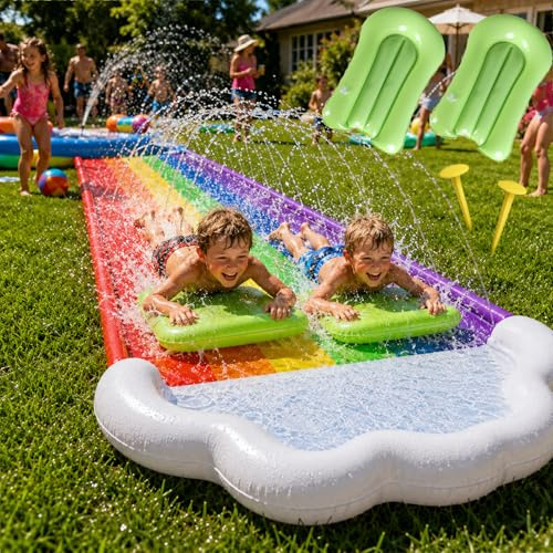 19.69ft/600cm Water Slides and 2 Bodyboards | Lawn Water Slide Summer Slip Waterslides Water Toy with Build in Sprinkler for Backyard Outdoor Water Fun for Kids (Rainbow)